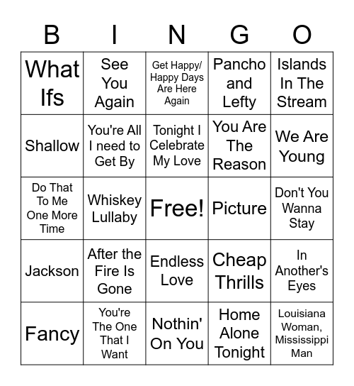 Songs By Duets Bingo Card