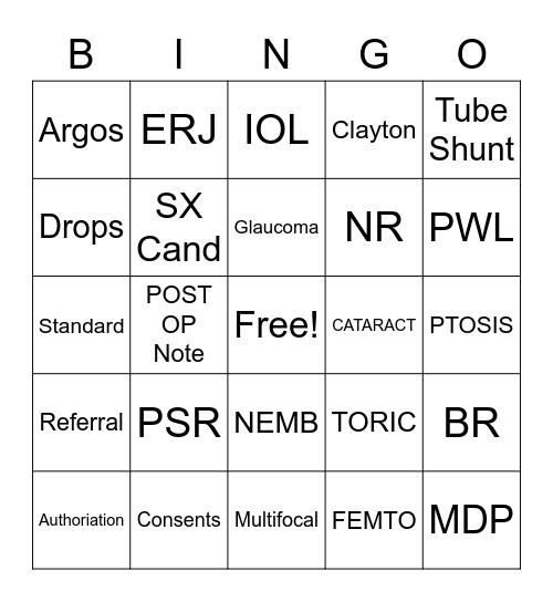 Surgery Department Bingo Card