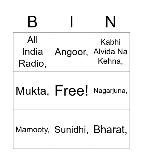 Bollywood Bingo Card