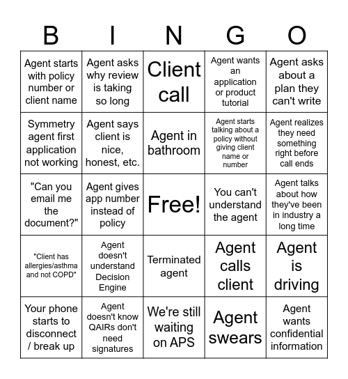 Agent Support Bingo Card