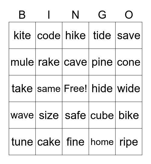 Vowel-consonant-e Bingo Card