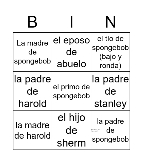 Spongebob's family Bingo Card