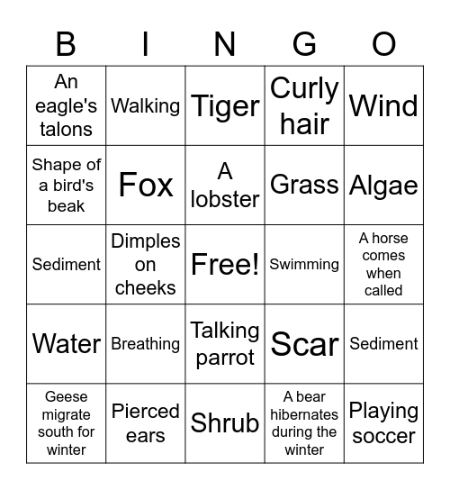 Organisms and Environments Review Bingo Card