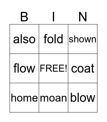 Long o, oa, ow Bingo Card