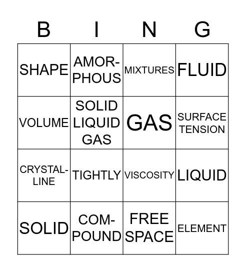 States of Matter Bingo Card