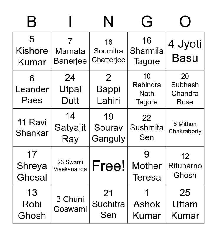Bangla Bingo Card