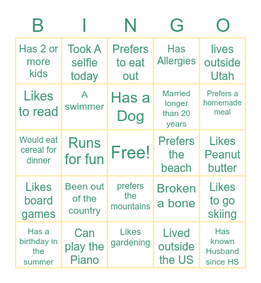 Get To Know you Bingo Card