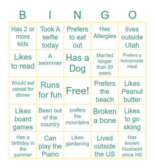 Get To Know you Bingo Card