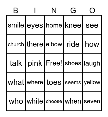 Sight Words Bingo Card