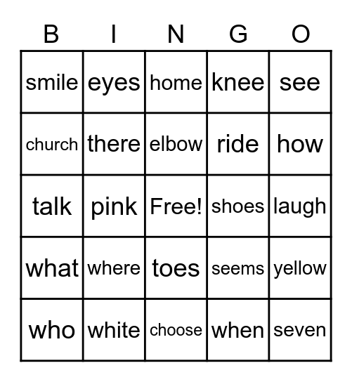 Sight Words Bingo Card