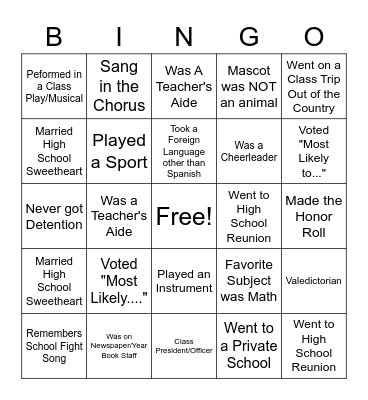 High School Bingo Card