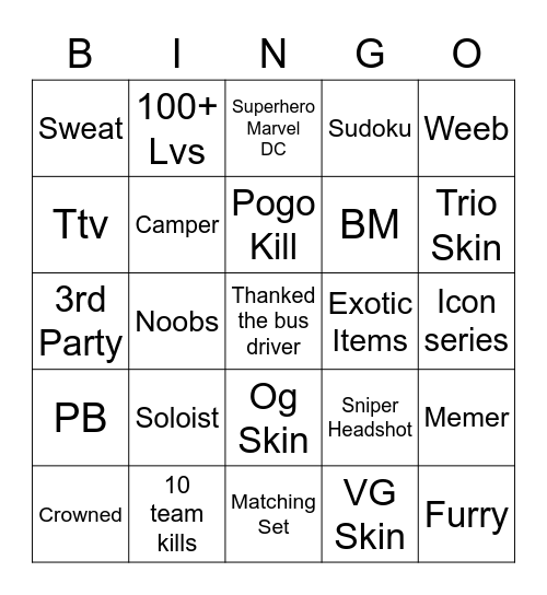 Spectator Bingo Card