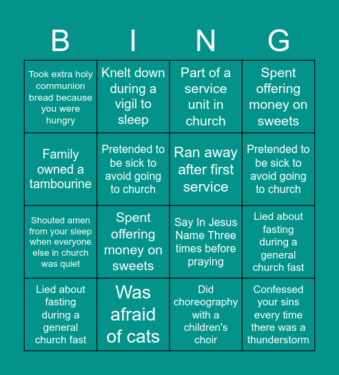 Youth hangout Bingo Card