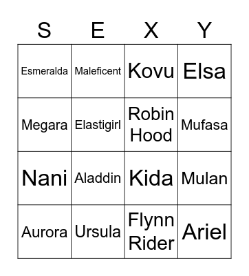 Disney Hottie Bingo Card