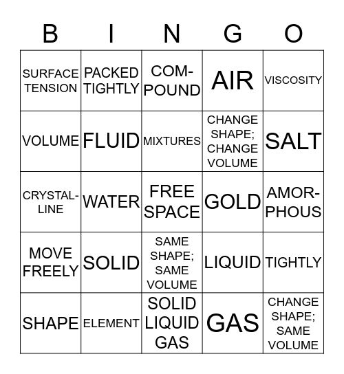 States of Matter Bingo Card