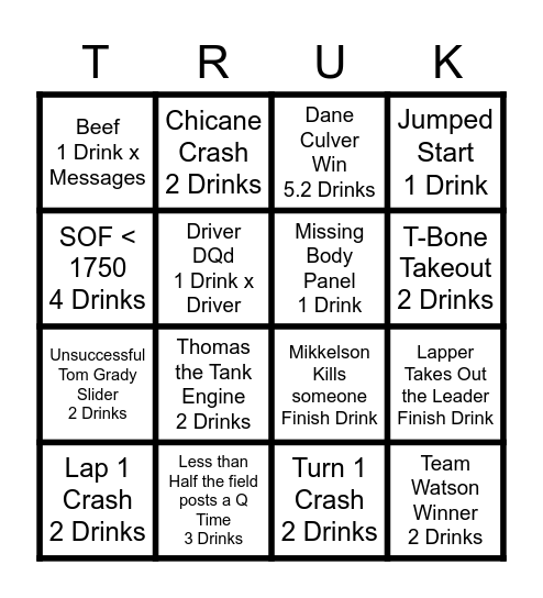 Bottom Split TRUK Bingo Card