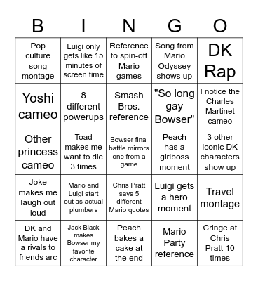 Mario Movie Predictions Bingo Card