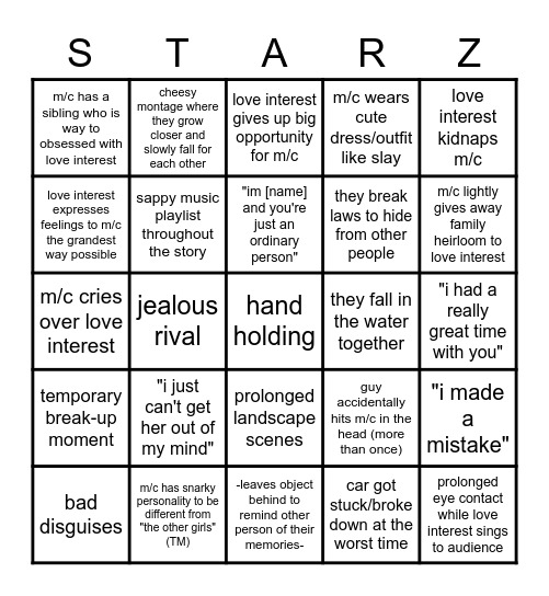 starstruck is a 2012 wattpad fanfic bingo Card