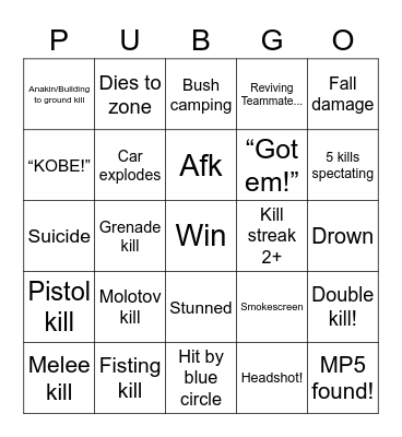 PUBG Bingo Card