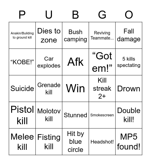 PUBG Bingo Card