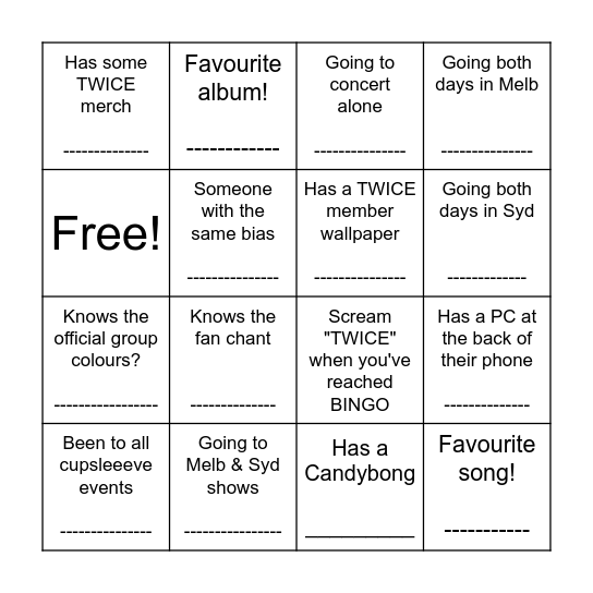 TWICE Bingo Card