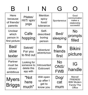 Dating App Bingo Card