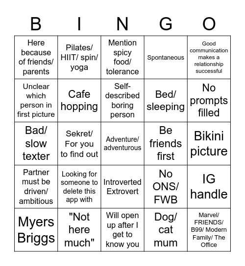 Dating App Bingo Card