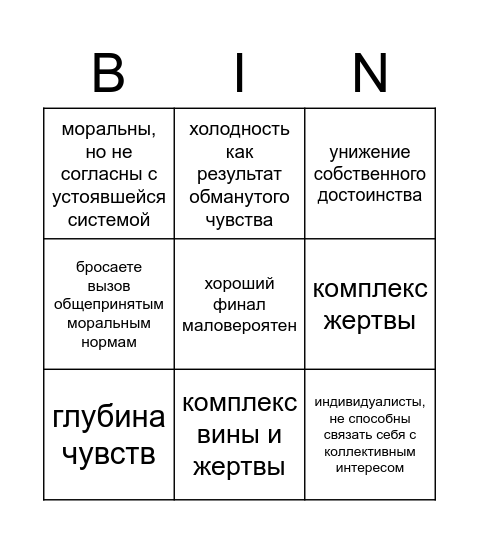 байронический герой бинго Bingo Card