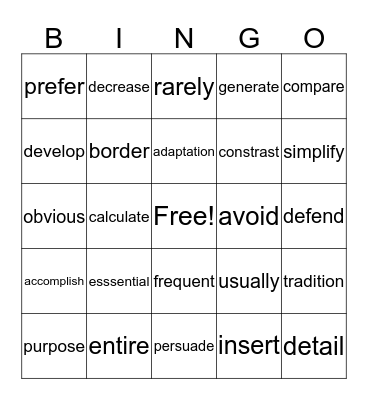 Vocabulary Bingo A Bingo Card