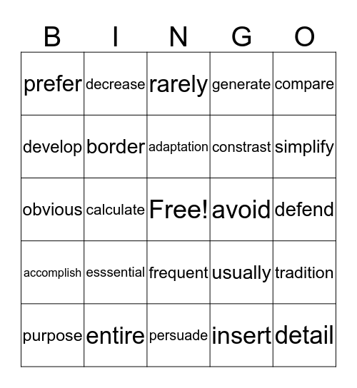 Vocabulary Bingo A Bingo Card