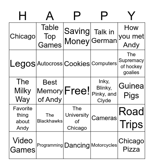 Happy Bithday Andy Bingo Card
