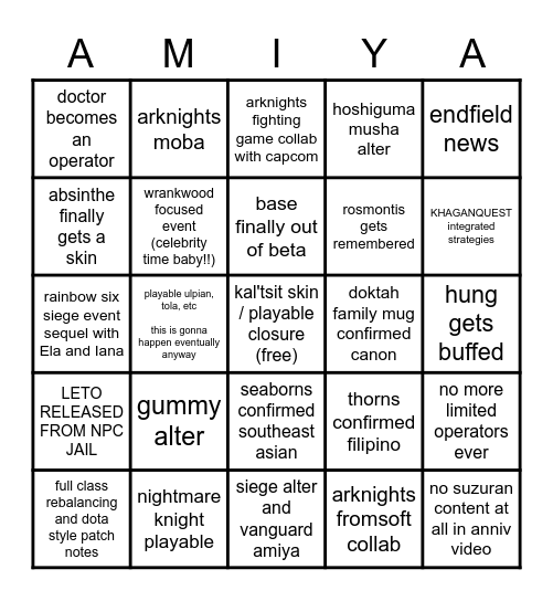 Snack's Arknights Anniv 4 Bingo Card