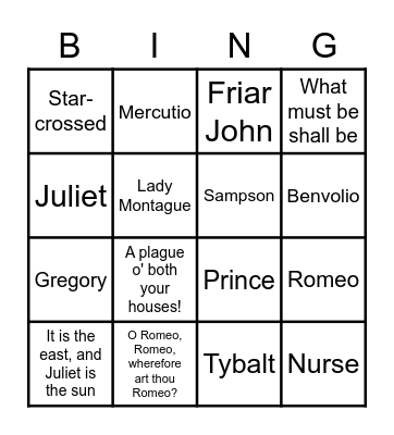 Romeo and Juliet Bingo Card