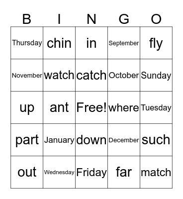 Spelling Word Bingo Card