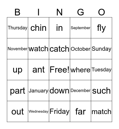 Spelling Word Bingo Card