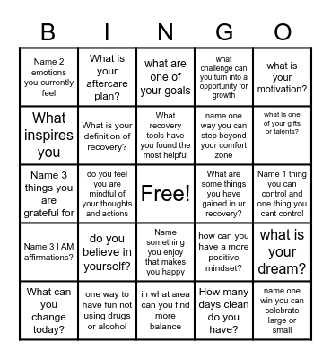 Recovery Bingo! Bingo Card