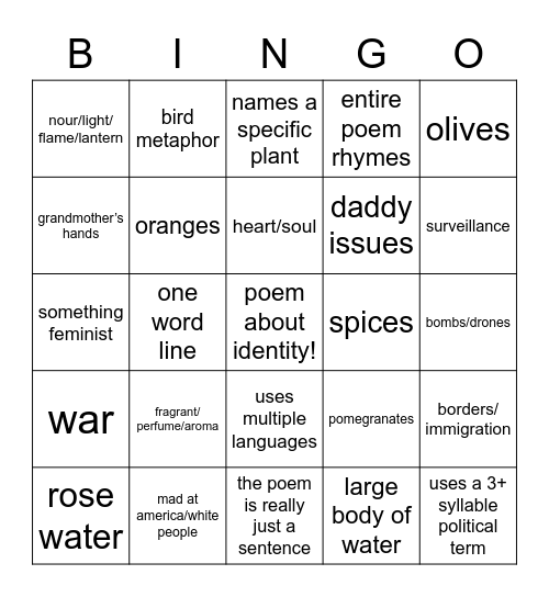 DIASPORA POETRY Bingo Card