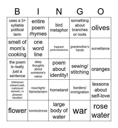 DIASPORA POETRY Bingo Card