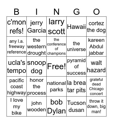 arizona vs. ucla Bingo Card