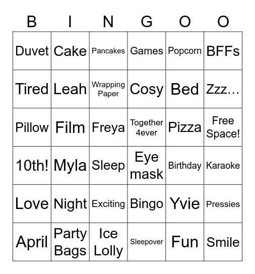 Sleepover bingo! Bingo Card