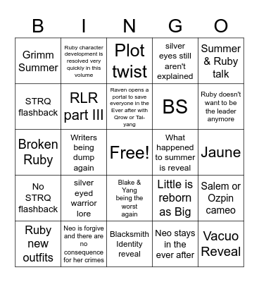 RWBY Volume 9 Bingo Card