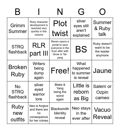 RWBY Volume 9 Bingo Card