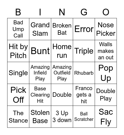 Baseball Bino Bingo Card