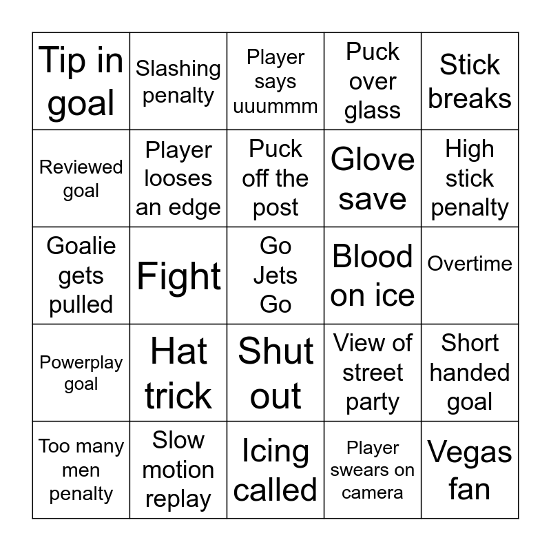 Game 3 Jets vs Vegas Bingo Card