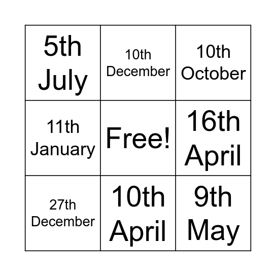 Birthdays  Bingo Card