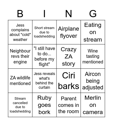 Jess ZA farewell BINGO Card