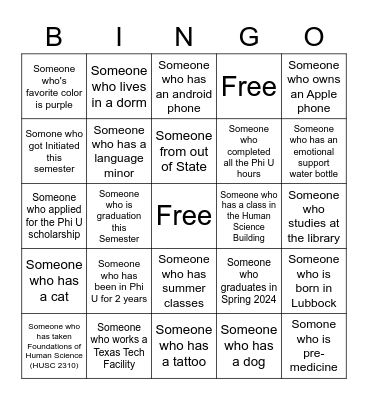 Phi U Bingo (Fill All Squares To Win!) Bingo Card