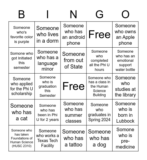 Phi U Bingo (Fill All Squares To Win!) Bingo Card
