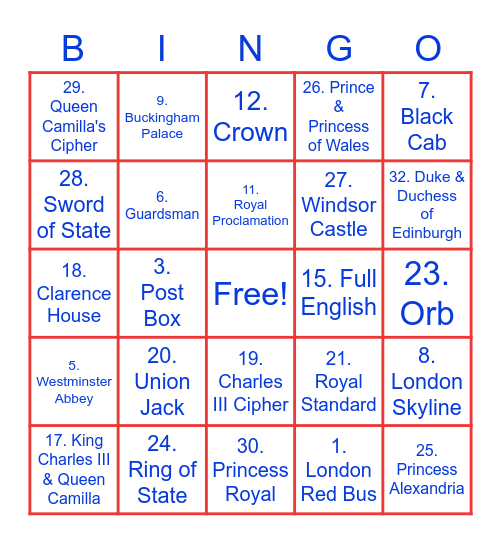 Coronation Bingo Card