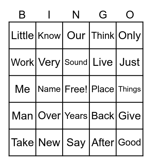 Sight Words Bingo Card